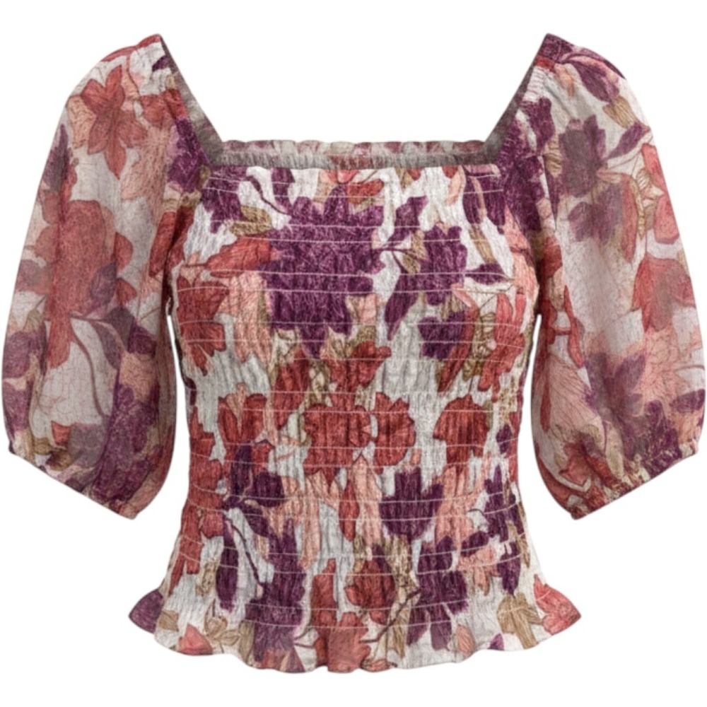 Old Navy Floral Smocked Puff Sleeve Top XS Purple Rust Square Neck NWT